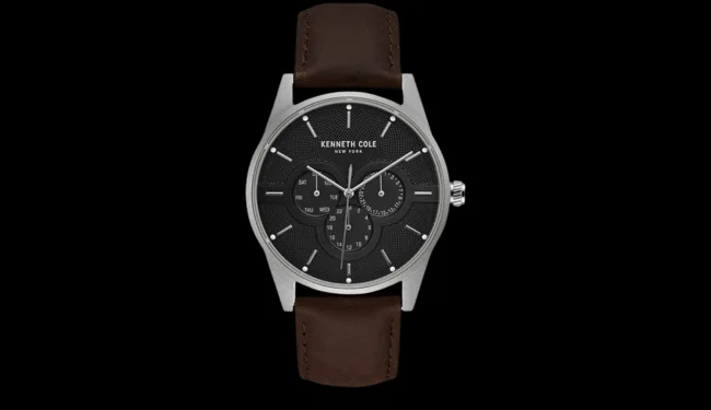 Kenneth Cole black dial watch with brown leather strap