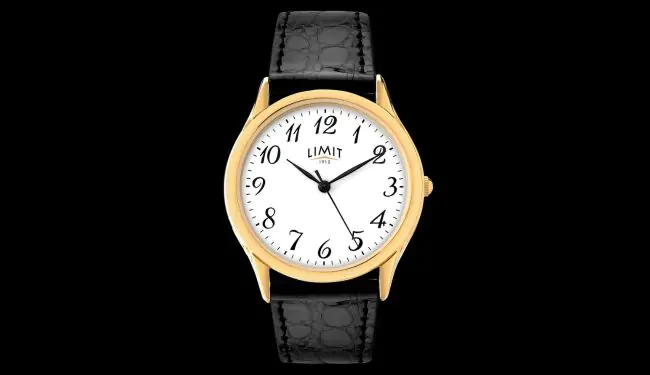 Limit watch with white dial, gold tone case and black leather strap