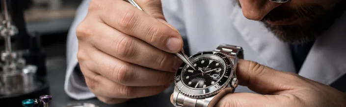 Replica Rolex-style watch undergoing professional repair