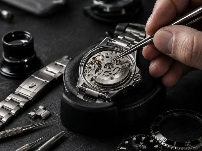 Watchmaker repairing a superclone Rolex-style watch movement