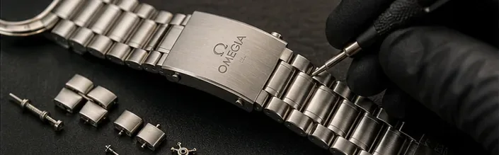 Omega bracelet being adjusted by a watch repair specialist