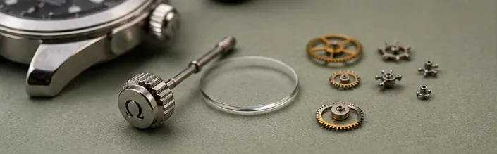Omega crown, stem and watch components being inspected for repair