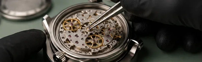 Watchmaker carrying out an Omega movement service and overhaul