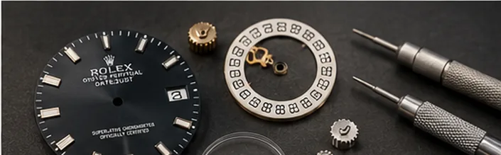 Rolex crown, stem and replacement parts being inspected for Rolex repair in London