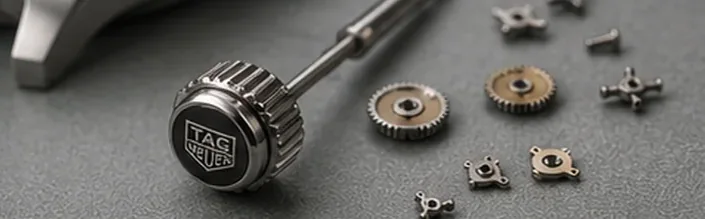 TAG Heuer crown, pusher and stem parts being inspected for repair
