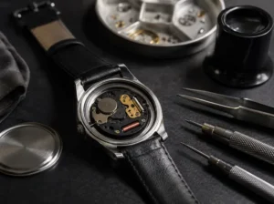 Watch battery replacement London with open quartz watch movement