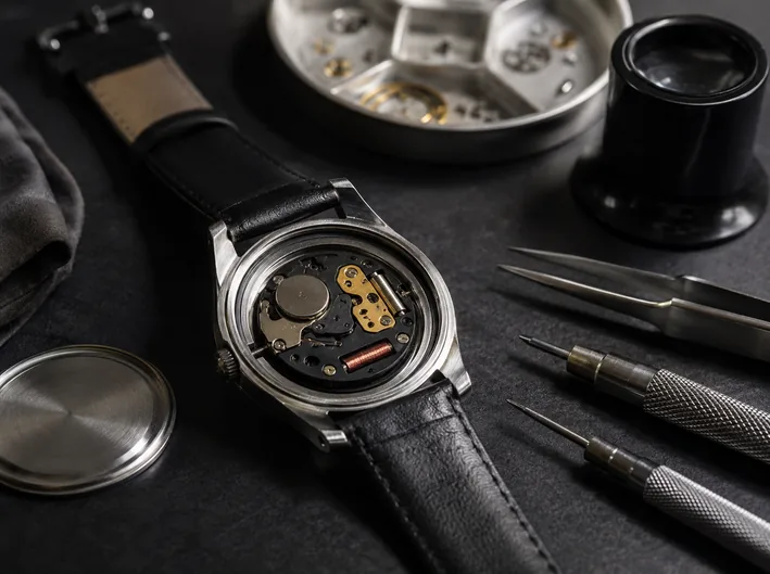 Watch battery replacement London with open quartz watch movement