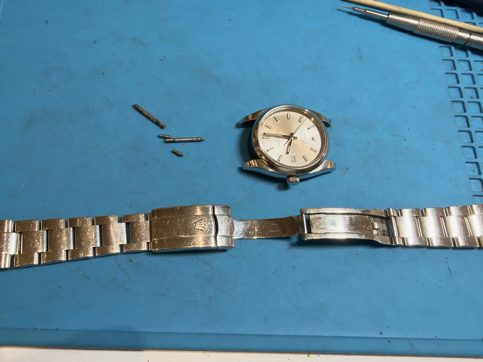 Rolex Oyster Perpetual Date 115200 after clasp reshape and polish