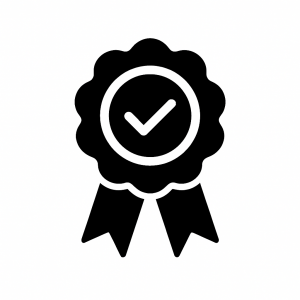 Ribbon badge icon with checkmark symbolising quality assurance or certification.