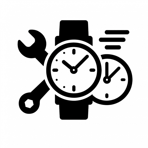 Icon representing fast and efficient watch repair service, featuring a wrench, two clocks, and a wristwatch