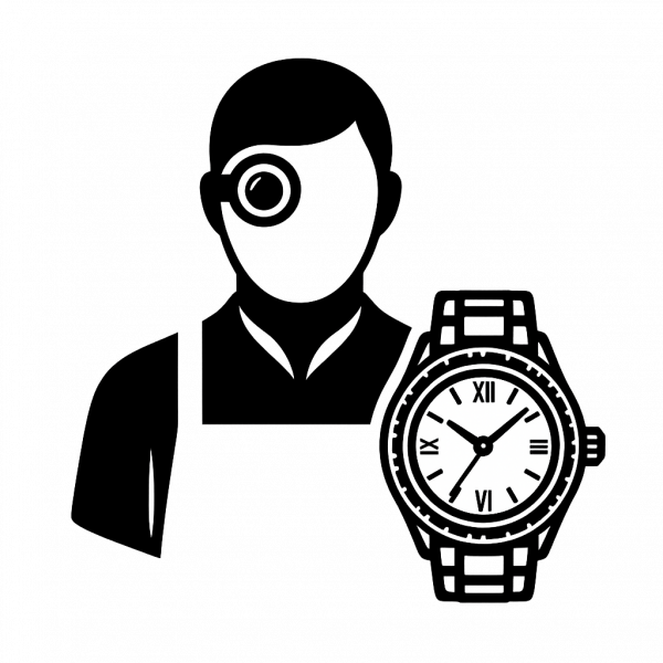 Watchmaker icon with eyeglass next to a classic wristwatch illustration.