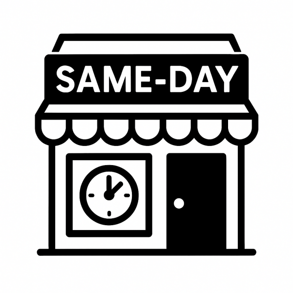 Black and white icon of a watch repair shop with a 'SAME-DAY' sign and a clock in the window